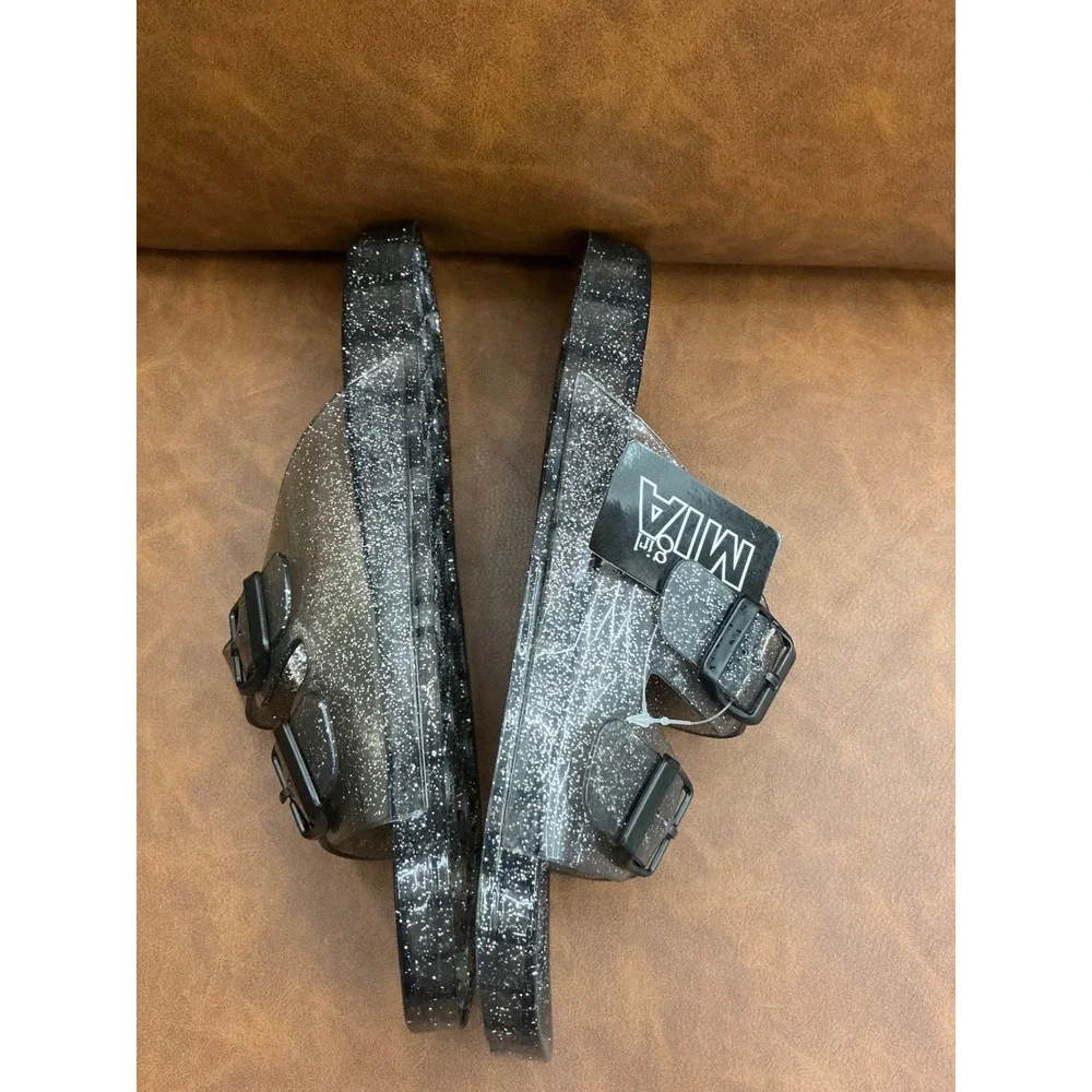 MIA Bashful Smoke Jelly Sandals Girls 10 Grey Glitter New Double Strap Slide